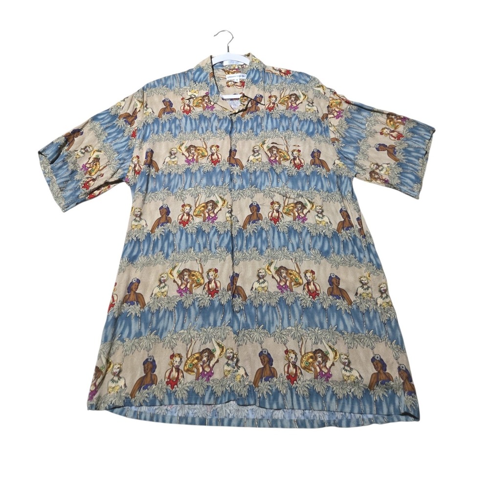 Pierre Cardin Vintage Hula Girl Tropical Rayon Short Sleeve Shirt Blue Tan M